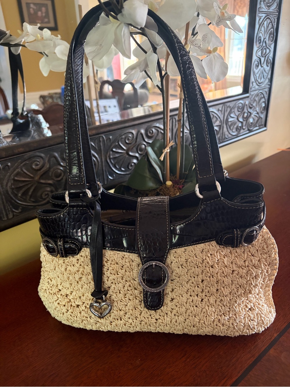 Brighton Straw Handbag with Black Croc-Leather Trim And Brighton Heart Charm - Picture 1 of 11